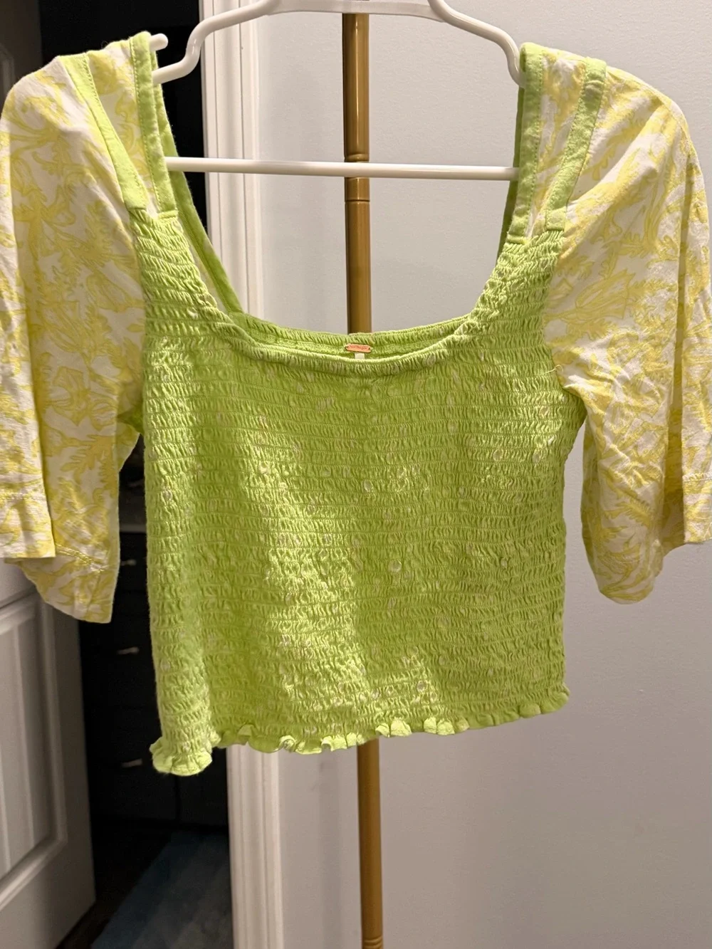 Free People Lime Green Smocked Square-Neck Crop Top with Patterned Puff Sleeves